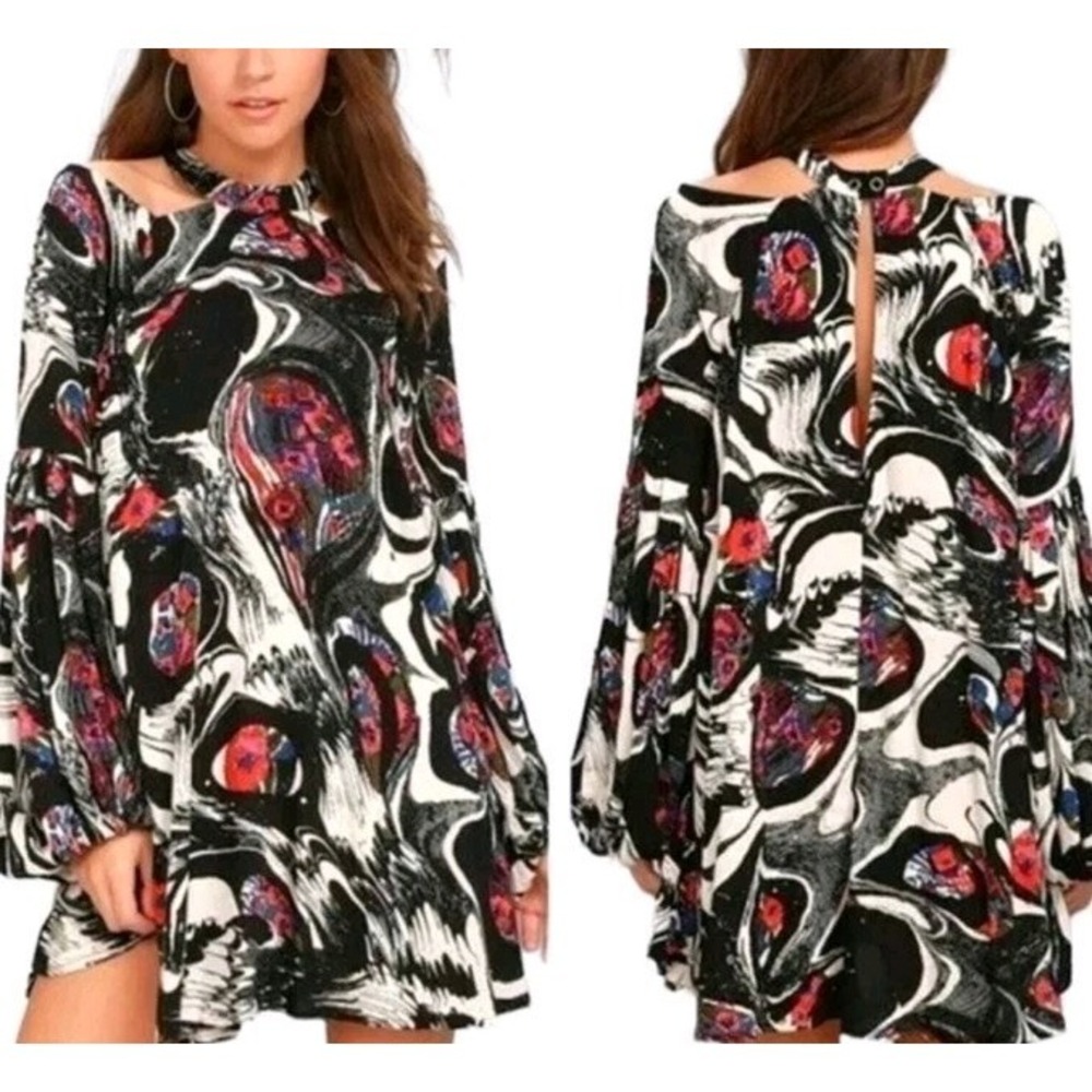 Free People Mini Dress XS Cutout Neck Balloon Sleeve Swing Printed Boho